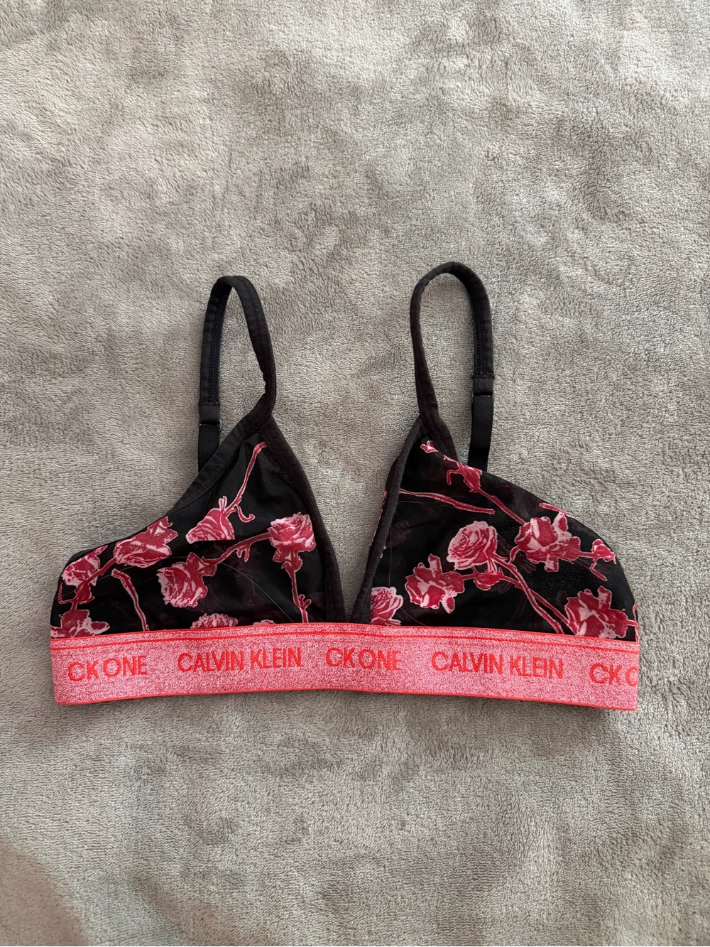Calvin Klein Black Bralette with Pink Floral Print and Coral Band